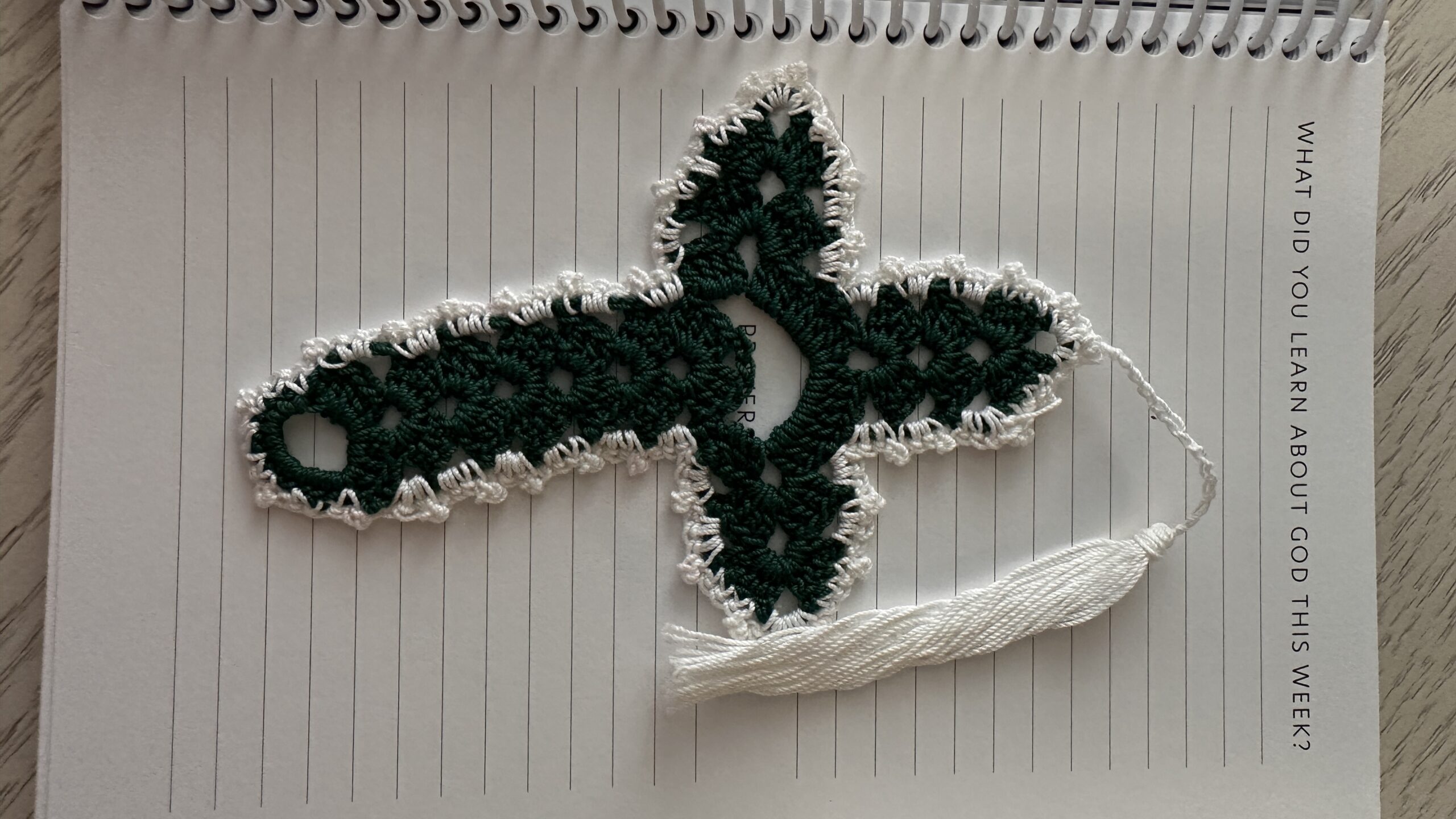 Forrest Green-white trim crochet bookmark