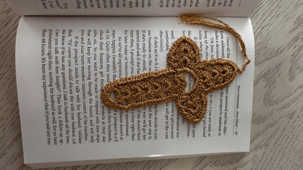 Gold crochet cross bookmark