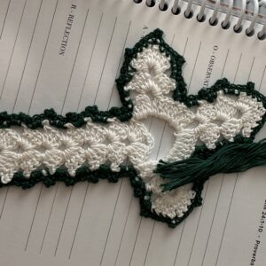 crochet bookmark on an open book