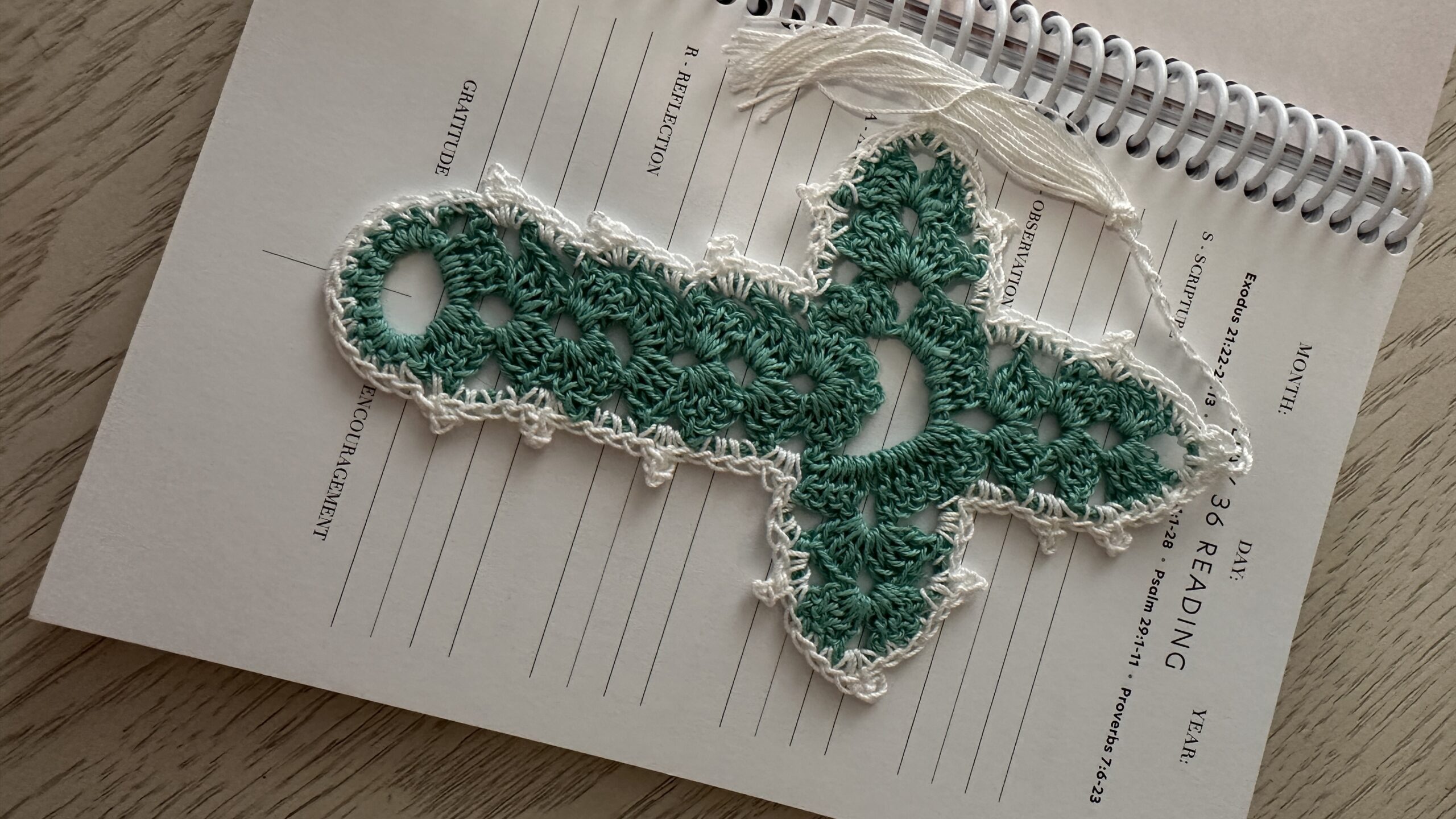 Teal with White Trim Crocheted Cross Bookmark