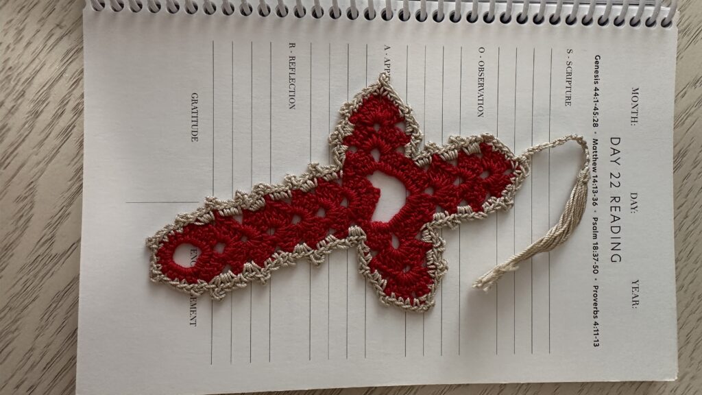 Red-tan trim crochet cross bookmark