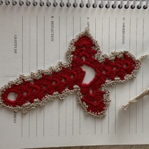 Red-tan trim crochet cross bookmark