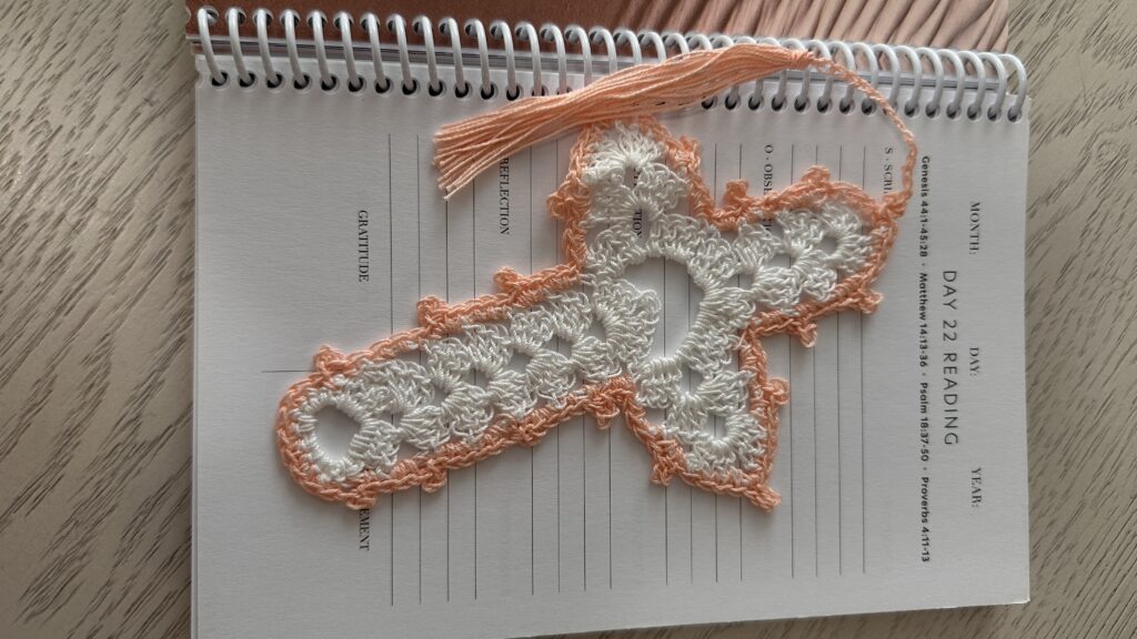 White-Coral trim crochet cross bookmark