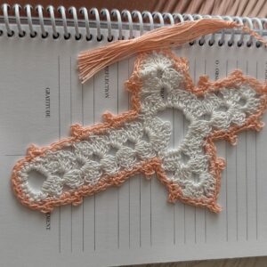 White-Coral trim crochet cross bookmark