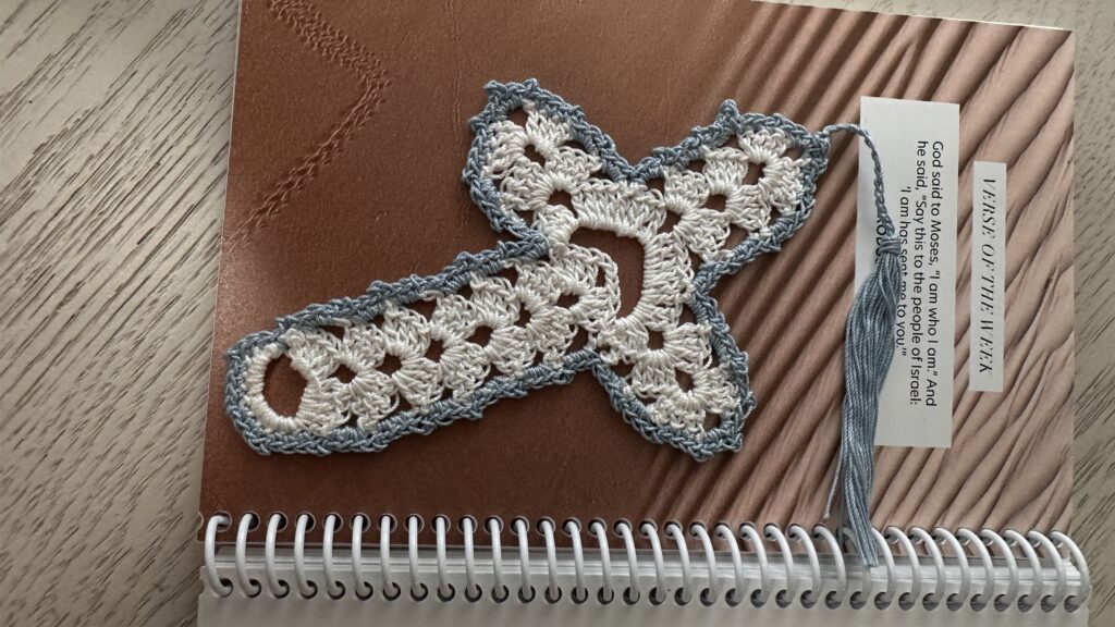 White-Lt blue trim crochet bookmark